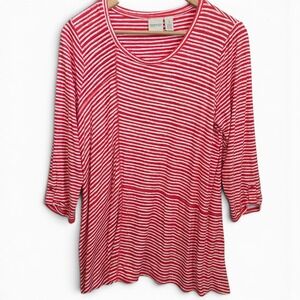 Chicos Zenergy Top Womens 1 Medium Red Striped Stretch Tunic Button Tab Sleeve
